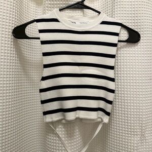 Zara Black and White Striped Knit Crop Top with Waist Tie - Size M